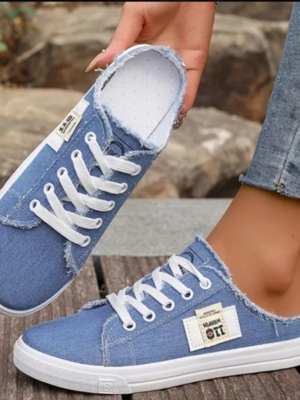 Denim 110 Frayed Edge Sneaks, White Laces & Souls, Medium Wash, Sz CN 43 / US 10
